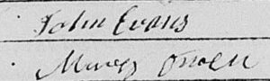 John Evans Signature on his marriage 1767