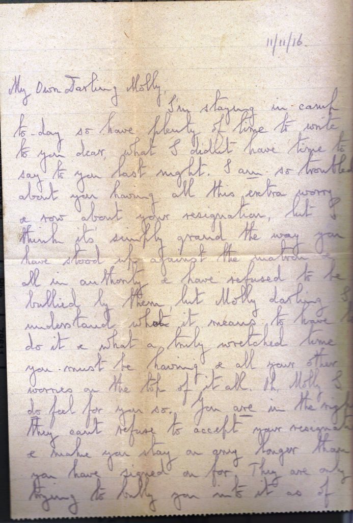 Letter from Noel Downing to Molly Evans Nov 1916