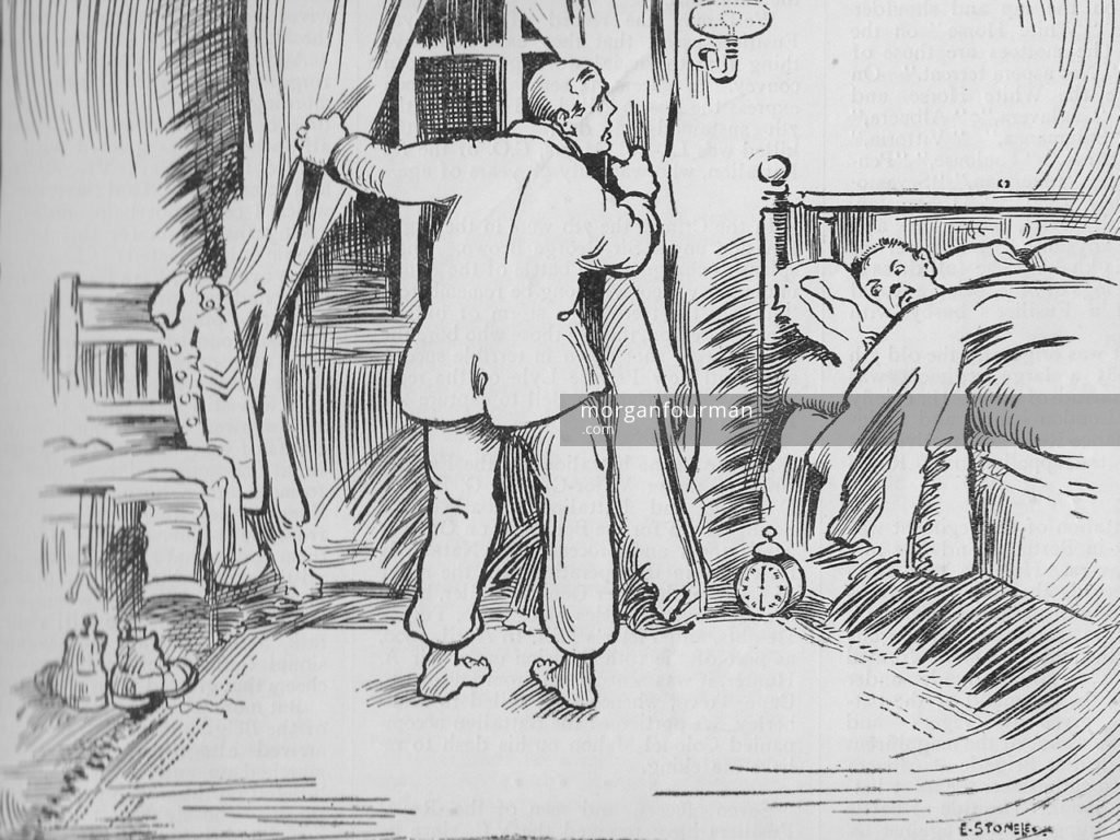 "6 a.m. No luck! Get up; It's a fine morning!" by E. Stoneley. The Pow-Wow, the Unofficial Journal of the U.P.S. Brigade, No. 3, 2 Dec 1914