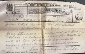 Telegram requesting to attend an Investiture at Buckingham Palace, addressed to Miss Ethel Downing, The Hospital, Ilkeston, Derbyshire, 17 Apr 1918
