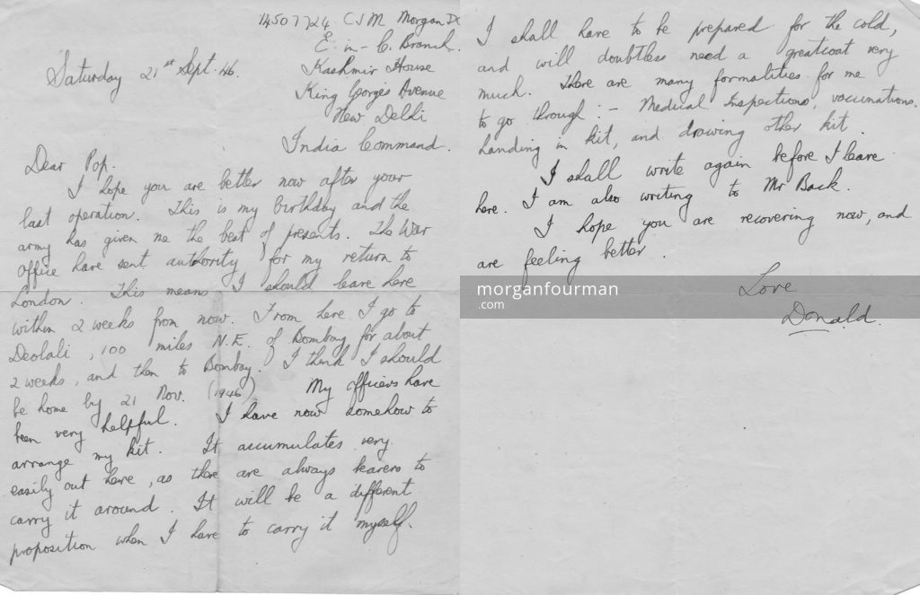 Donald Morgan's letter to his father, New Delhi, 21 Sep 1946