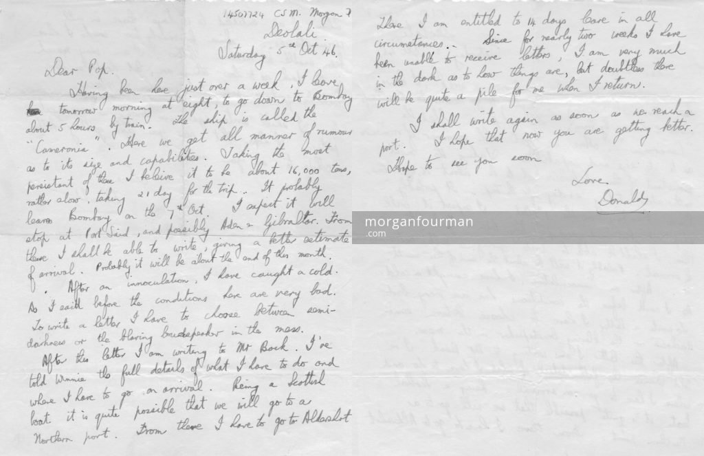Donald Morgan's letter to his father, Deolali, 5 Oct 1946