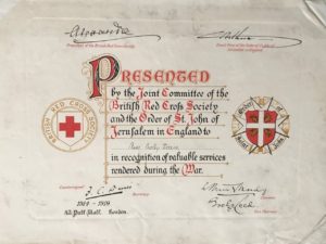Recognition of Services during the War to Miss Molly Evans, the British Red Cross Society and the Order of St John of Jerusalem in England