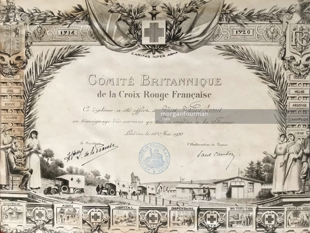 Diploma to Miss Molly Evans in recognition of services during the War in France, the British Committee of the French Red Cross