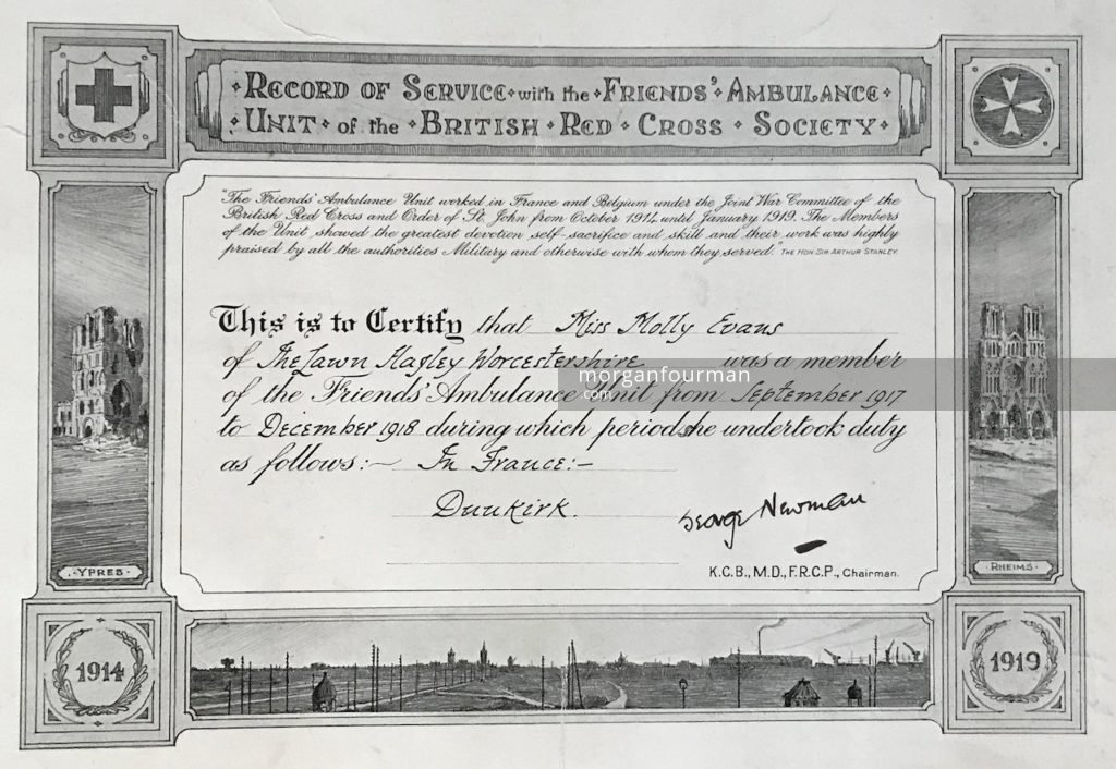 Record of Service to certify that Miss Molly Evans served with the Friends' Ambulance Unit of the British Red Cross Society from Sep 1917 to Dec 1918