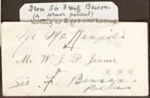 Sir F. Benson autograph. Molly's note reads: "From Sir Frank Benson (a former patient) inviting us to visit his camp"