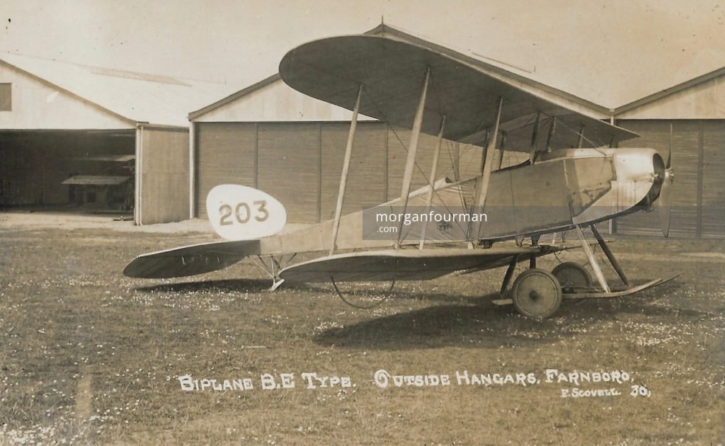 Biplane B.E. Type. Outside Hangars, Farnborough. Photo by F. Scovell & Co, 18 Queens Rd, Aldershot. Hal Barlow to Noel Downing postcard, Aldershot, 16 Aug 1914