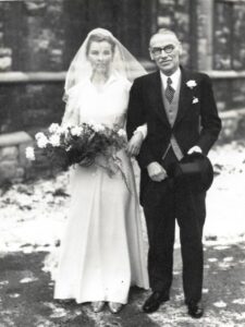 Donald and Pamela Morgan wedding. Pamela Downing with her father Noel