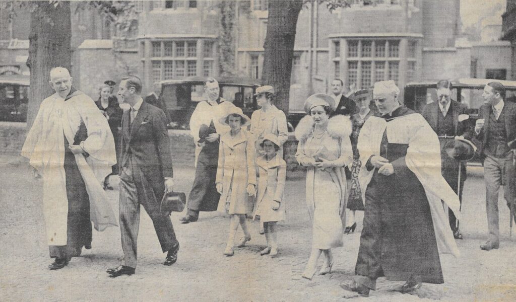 Service at Eton College Chapel, 19 Jun 1938. Henry Marten, the Vice-Provost walking next to the Queen