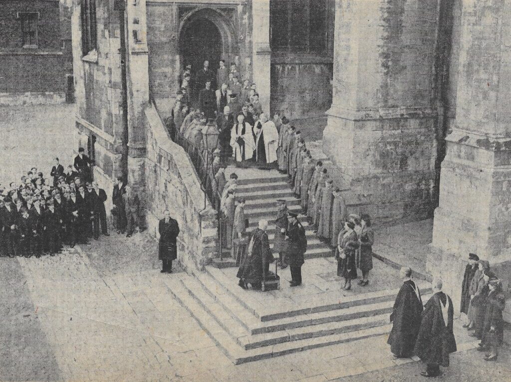 Ceremony of knighting the Provost of Eton Henry Marten, outside Eton College Chapel, 4 Mar 1945