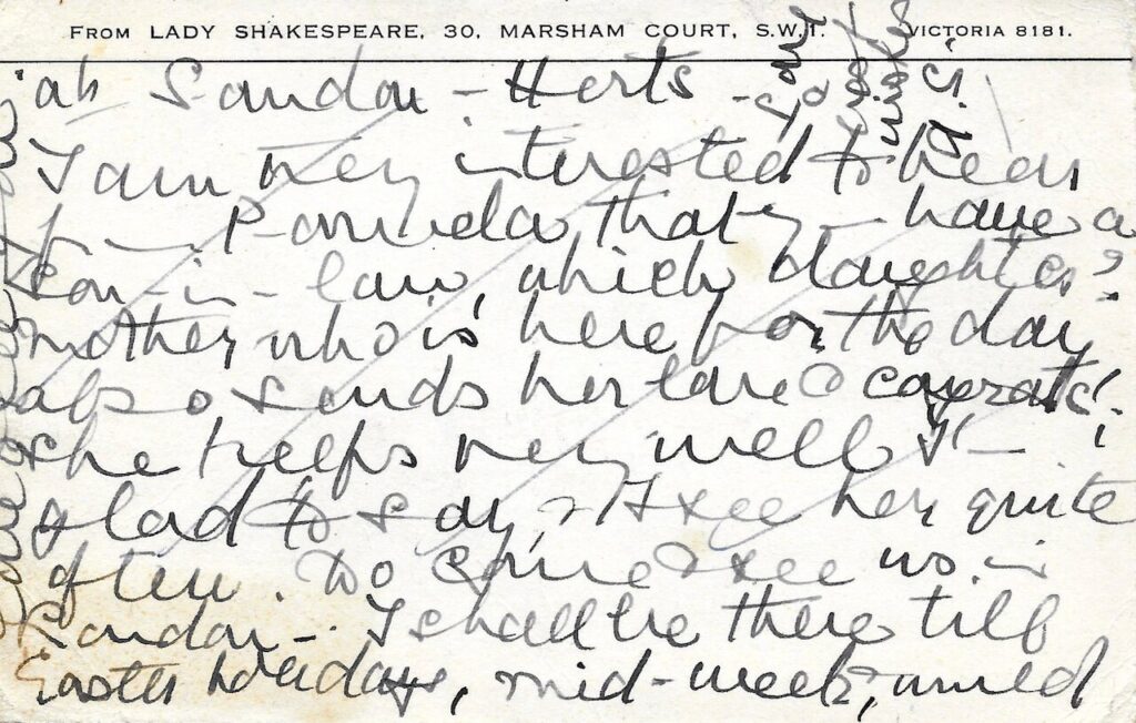 Lady Shakespeare to Molly Downing postcard, 19 Jan 1948 (reverse side)