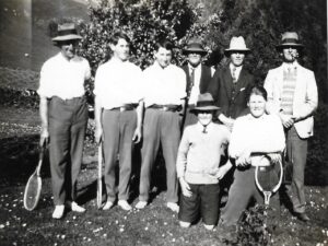 Five Evans brothers with their sons (l-r): Dudley, Phil, Keith, Oliver, Frank, "Skip", Geoff, Hellier. At Oliver's place in New Zealand