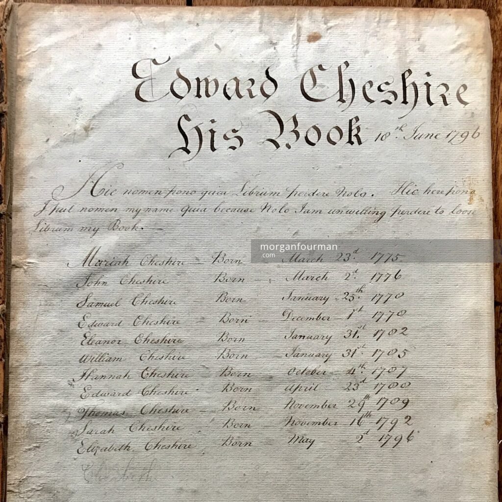 Bookplate of Edward Cheshire dated 10 Jun 1796, Cheshire Bible 1789 (fragment)