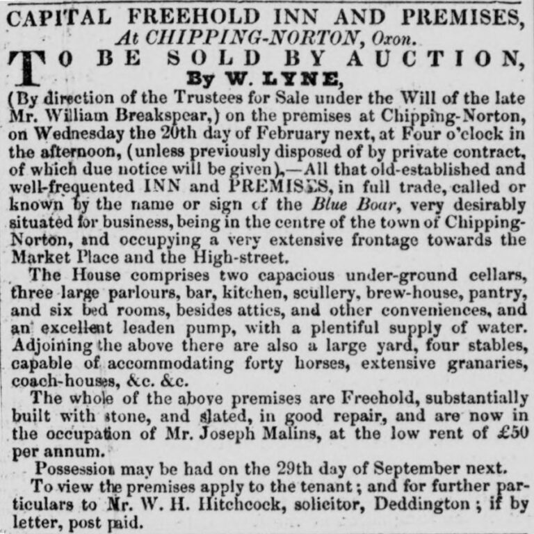 Auction Particulars for the Blue Boar, Oxford Journal, 16 Feb 1839
