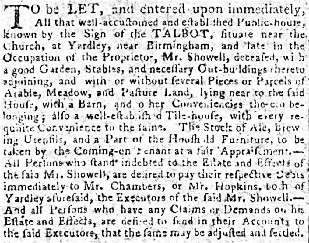 Sales particulars of Talbot Pub, Aris's Birmingham Gazette, 6 Mar 1786