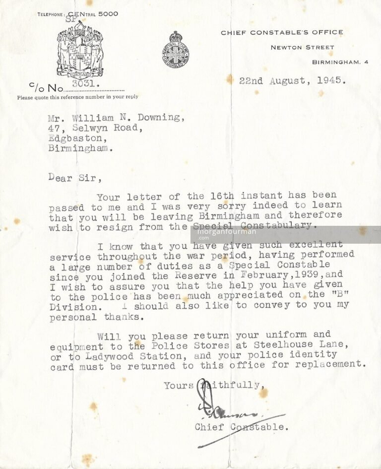 Letter from Birmingham Chief Constable's Office re Noel's resignation, 22 Aug 1945