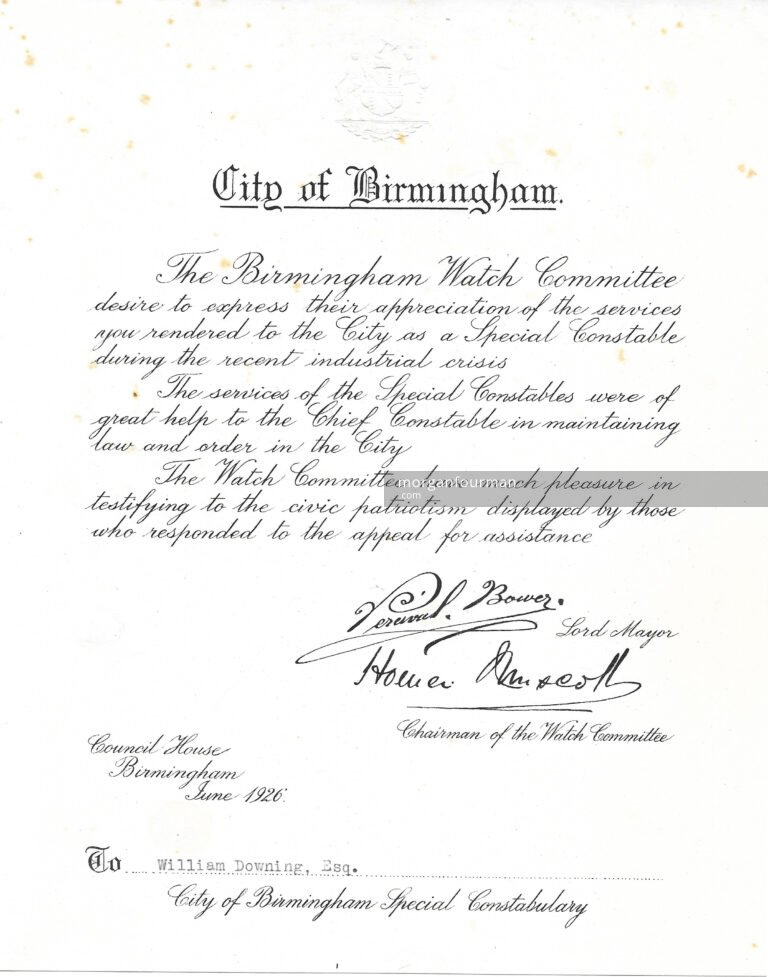 Letter from Birmingham Watch Committee, Jun 1926