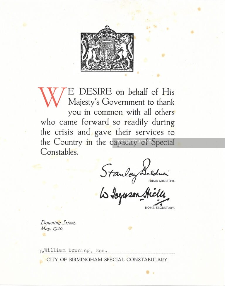 Letter from 10 Downing St, May 1926. Signed by Stanley Baldwin and William Joynson-Hicks