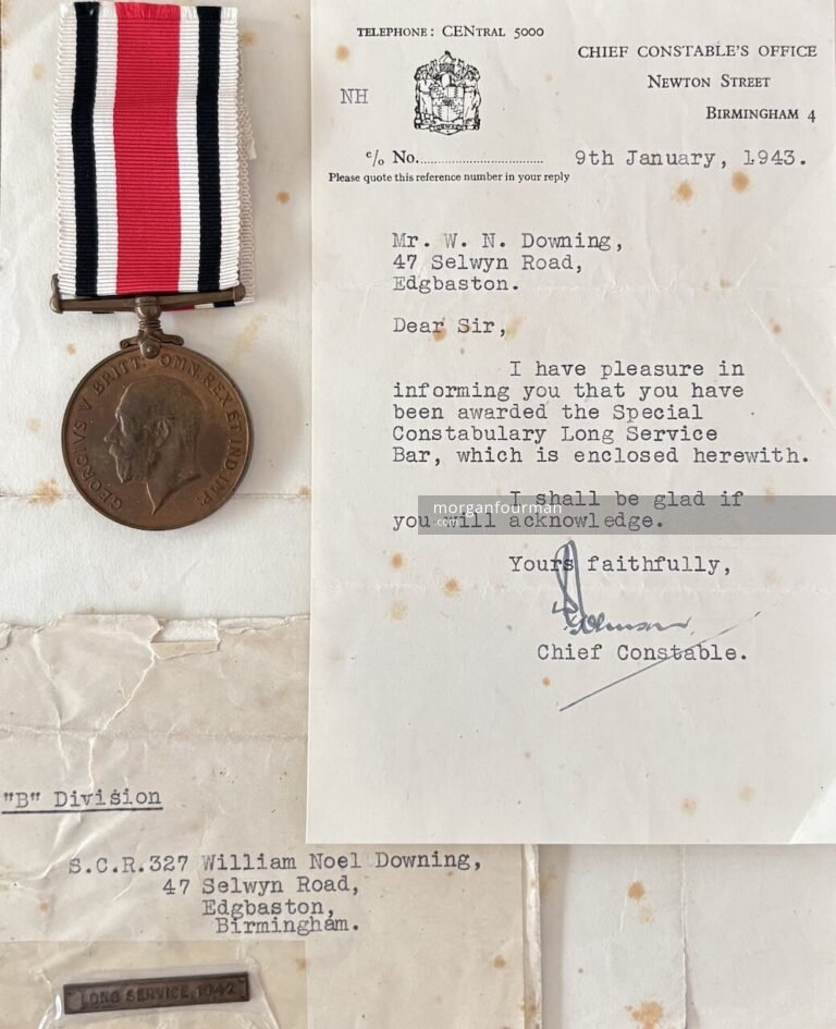 Special Constabulary Long Service George V Medal and Bar with letter dated 9 Jan 1943 from Birmingham Chief Constable's Office